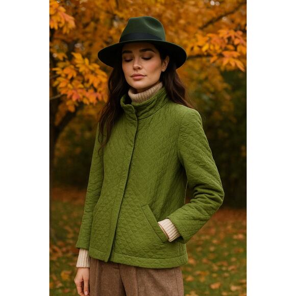 Eileen Fisher 100% Silk Long Sleeve Full Zip Quilted Barn Coat Green Women's PS - Picture 1 of 8